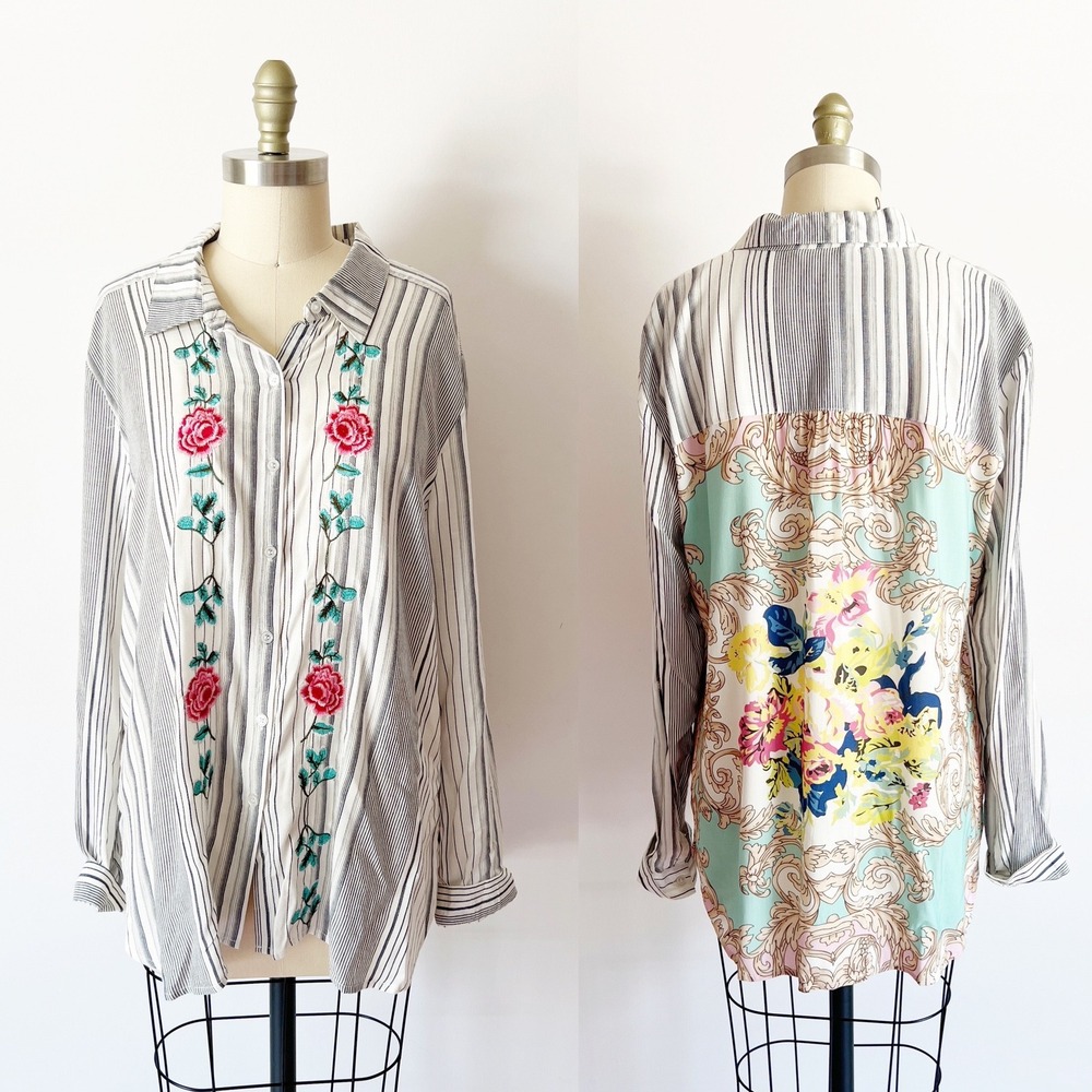 Tribal Button Up Shirt White Striped Floral Scarf Print Embroidered Large Artsy